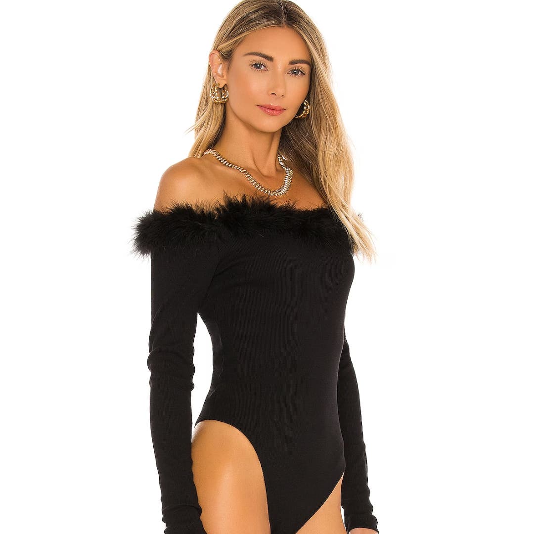 OW Collection Miranda Feather Bodysuit in Black NWT Size Small