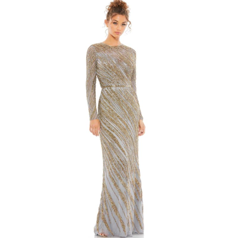 Mac Duggal Long Sleeve Beaded Column Gown in Platinum NWT Size 12