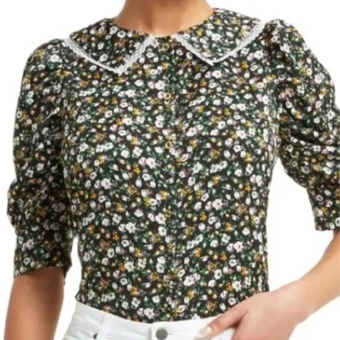 H by Halston puff sleeve Peter Pan floral blouse Black Floral NWT Size Small