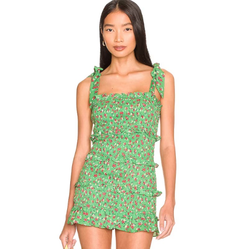 Revolve More to Come Despina Ruched Mini Dress Green Floral NWOT Size Small