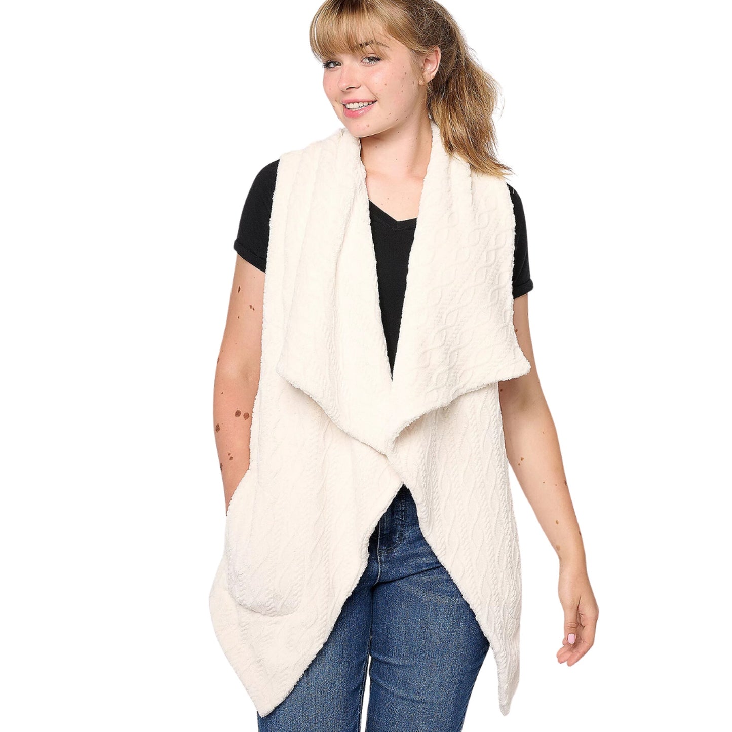 AnyBody Drape Front  Cable Plush Fleece Vest in Natural NEW Size 2X