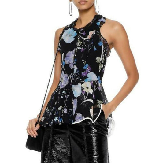 3.1 Phillip Lim Cutout Floral Print Silk  Blouse Tank Black Multi - 8