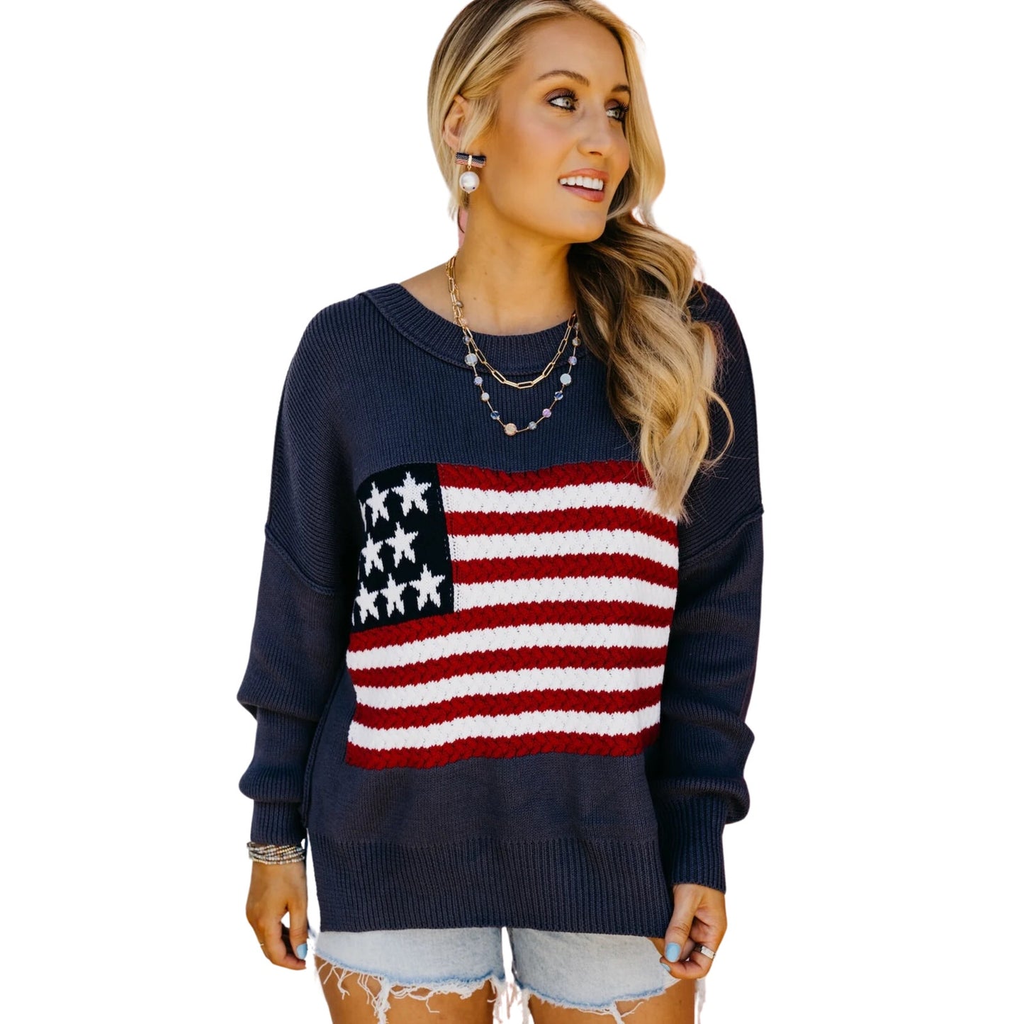 American Honey Navy American Flag Sweater NEW