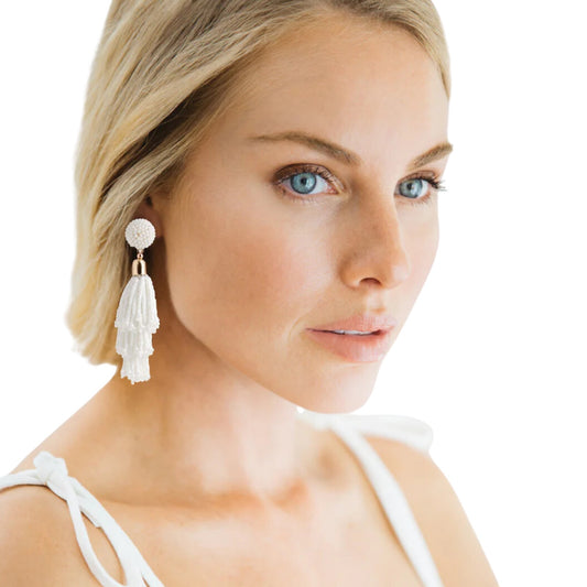 Panacea Rachel Zoe White Beaded Tassel Dangle Earrings