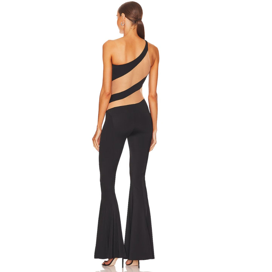 Norma Kamali Snake Mesh Fishtail Jumpsuit in Black & Nude Mesh NWT XS