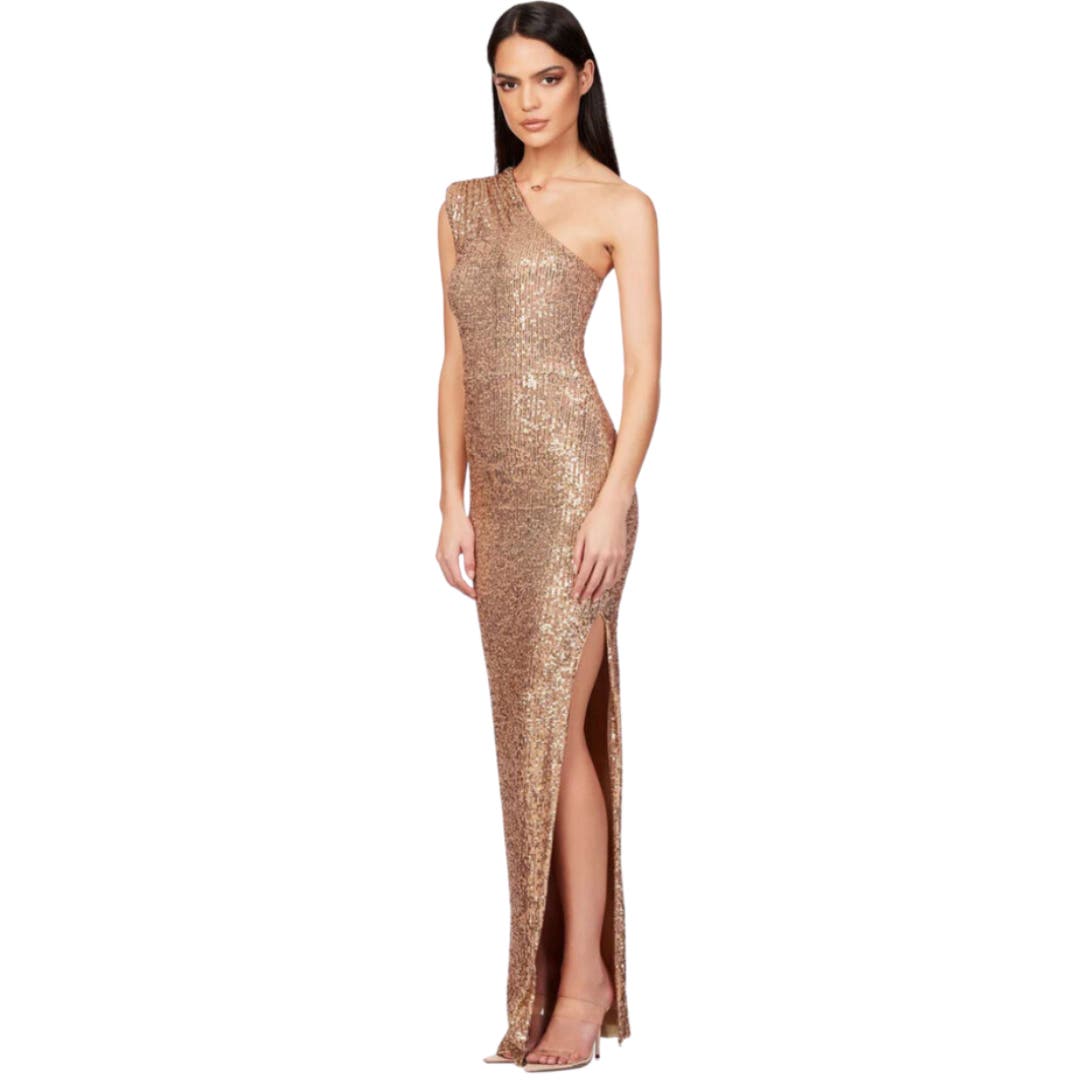 Nookie Gold Veda Gold Sequin Gown in Caramel NWT Size Small