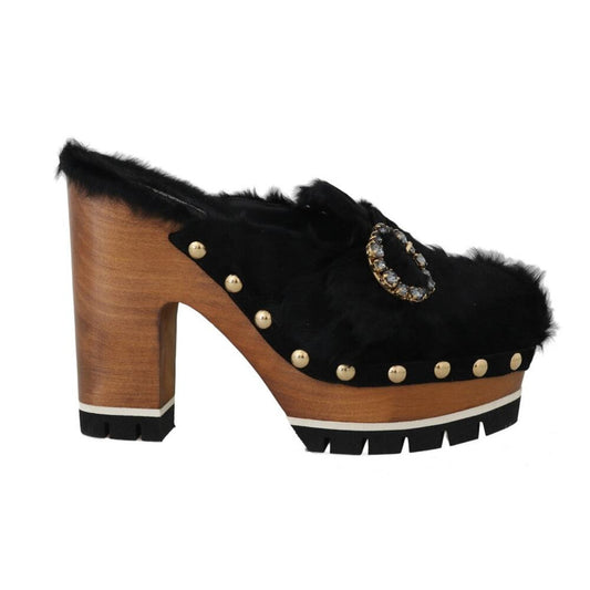 Dolce & Gabbana Black Xiangao Fur Crystal Mules EU 39 US 8.5 Black