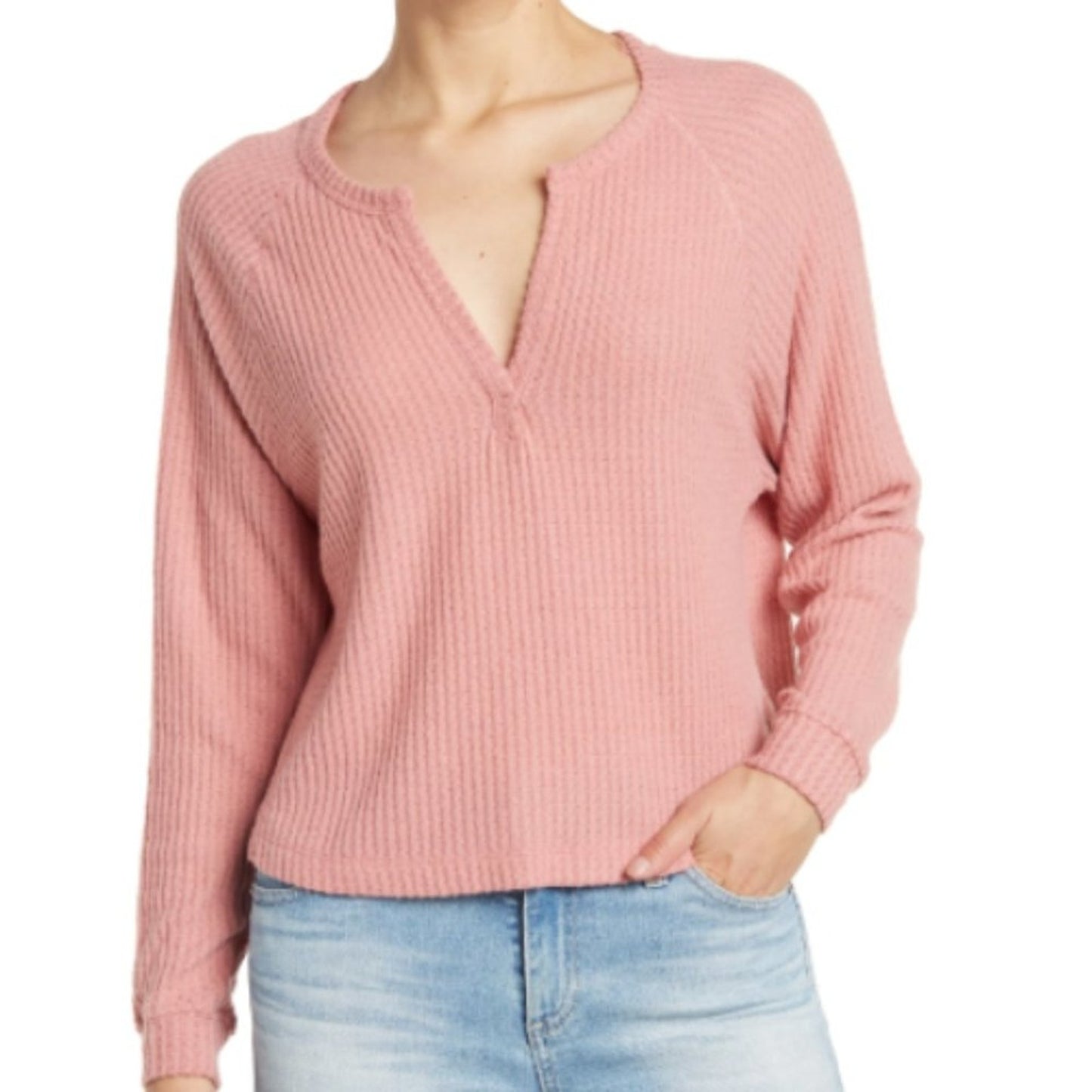 Nordstrom Abound Waffle Knit Long Sleeve Henley Shirt in Pink Compact NWT