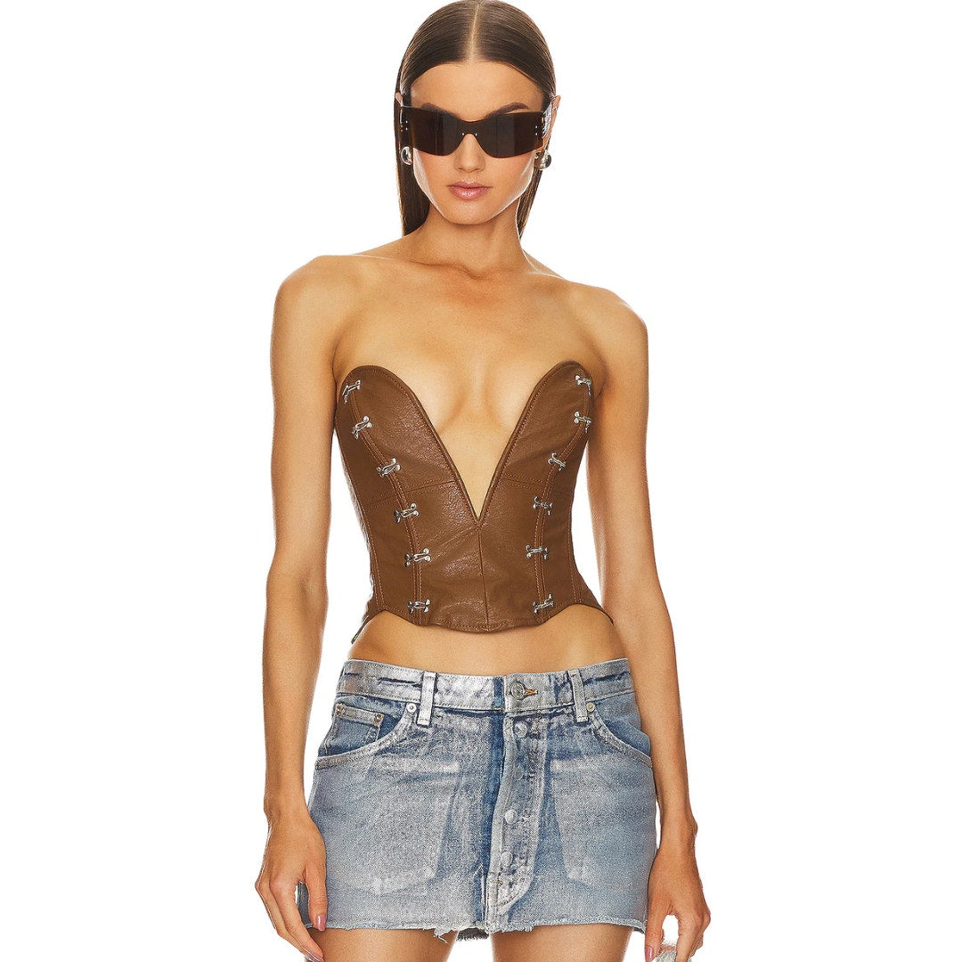 Sketch-Y X Revolve Zorya Faux Leather Corset in Brown & Silver NWT Small