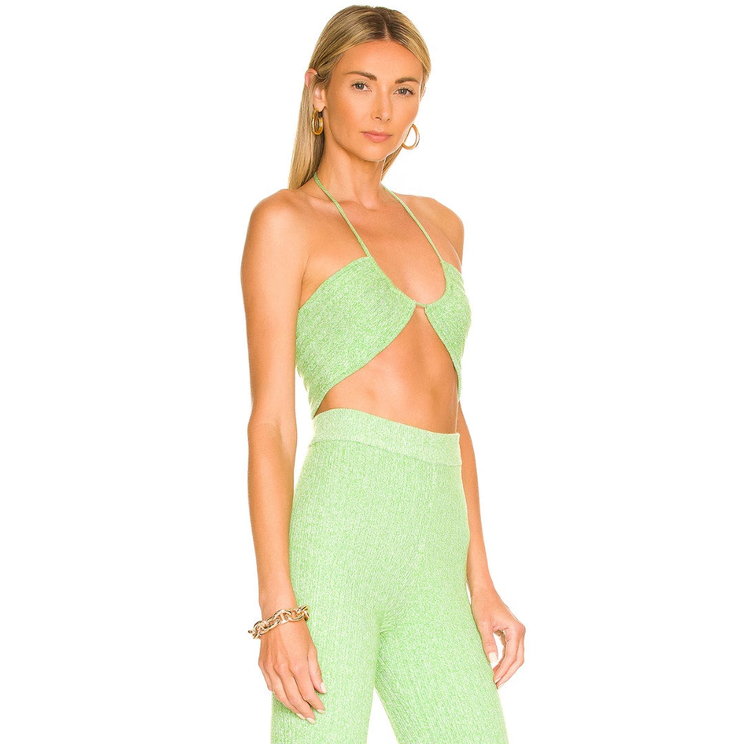 Lovers and Friends Mckenna Drawstring Halter & Pant Set in Marled Green Small