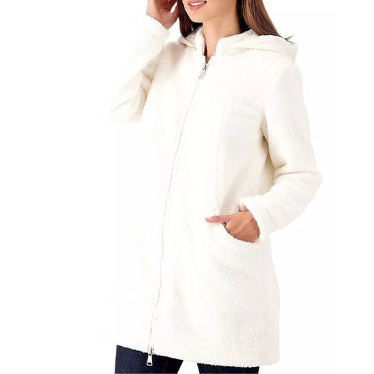 Dennis Basso Teddy Fleece Coat with Detachable Hood in Rich Ivory NWT Large