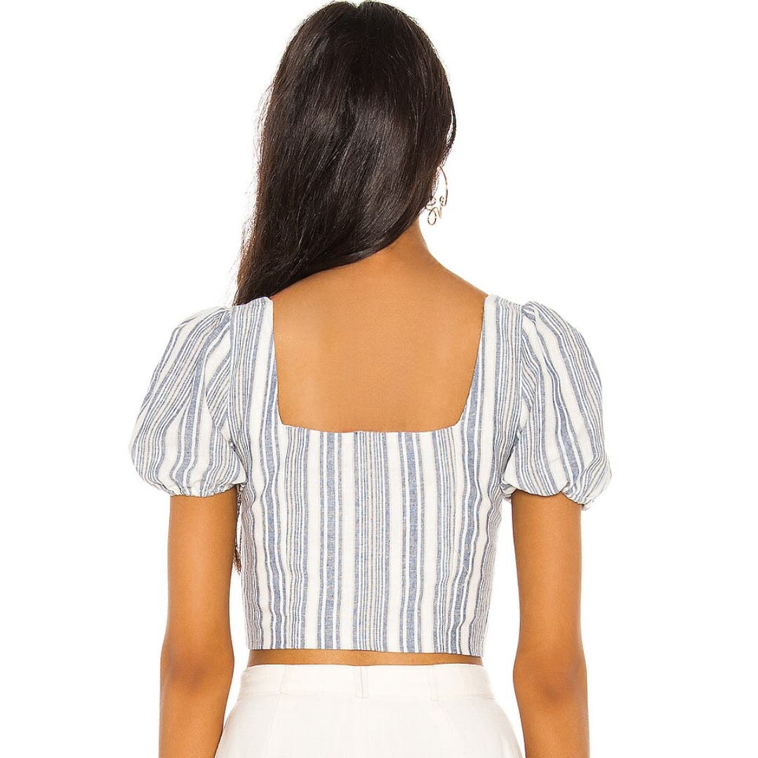 Privacy Please Paola Linen Crop Top in Blue Chambray Stripe NWT Small