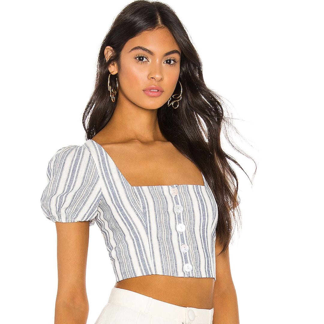 Privacy Please Paola Linen Crop Top in Blue Chambray Stripe NWT Small