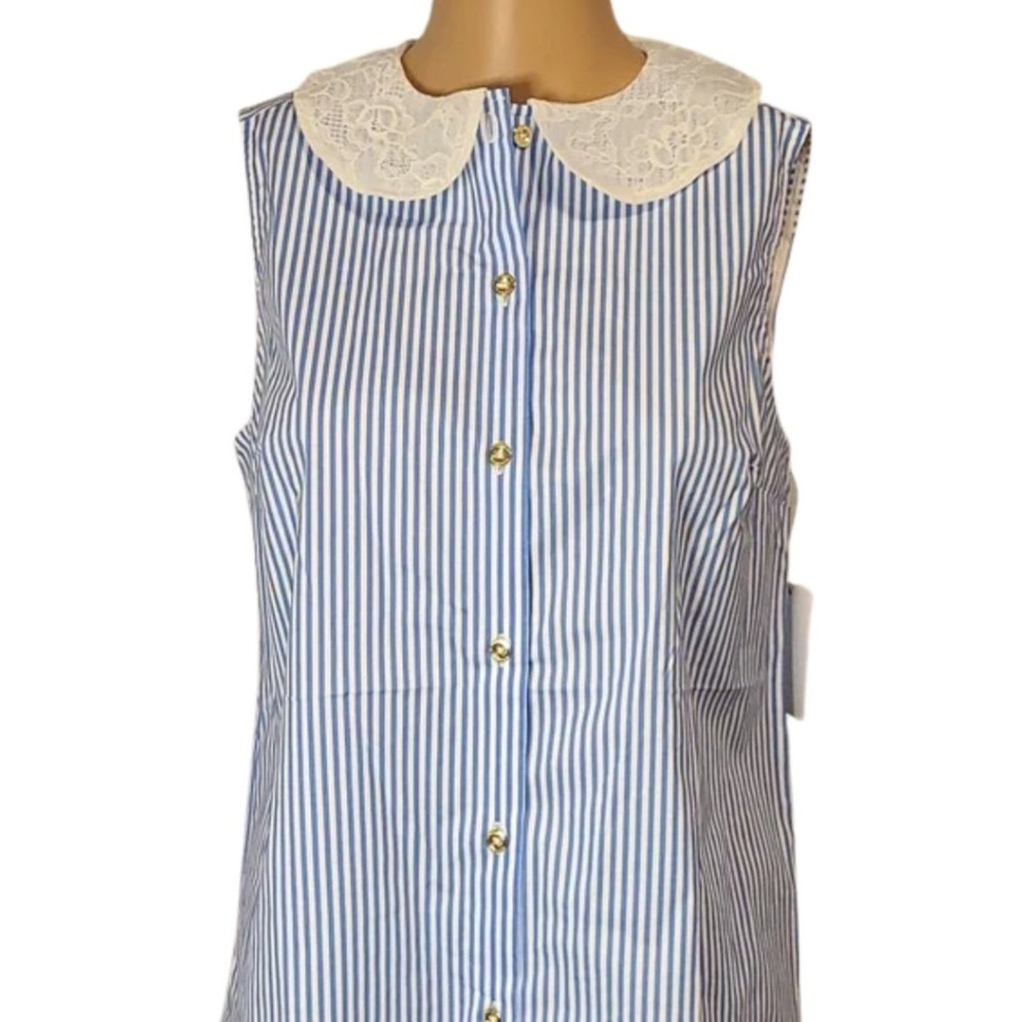 Halston Floral Peter Pan Collar Button Down Blue & White Stripe NWT