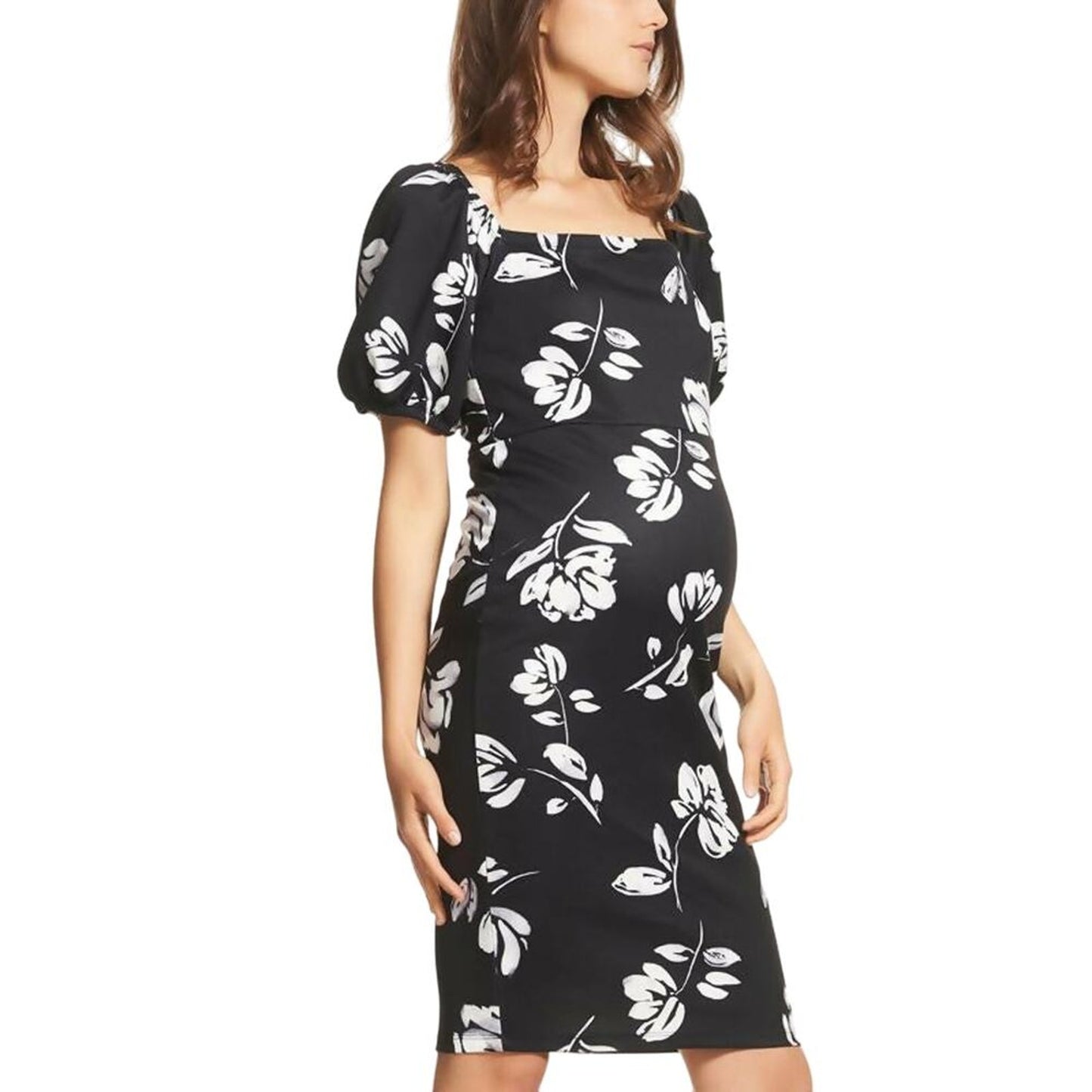 Soon Maternity Maternity Carrie Puff Sleeve Dress Black Floral - Medium