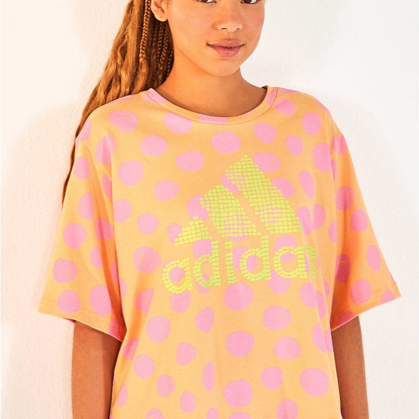 Adidas X Farm Rio Allover Print Crop Tee Orange Pink Polka Dot Neon Size Med NWT