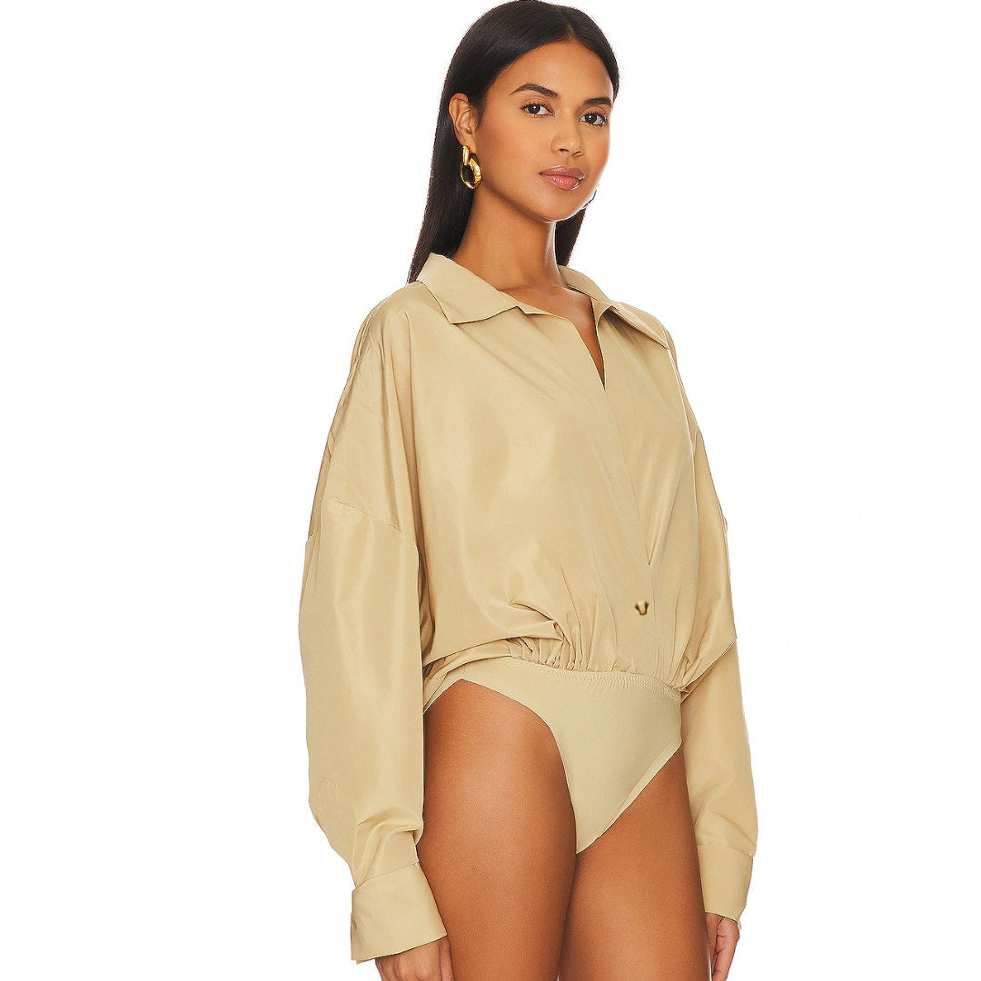 Norma Kamali Oversized Boyfriend Shirt Bodysuit in Sand