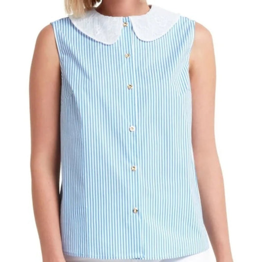 Halston Floral Peter Pan Collar Button Down Blue & White Stripe NWT