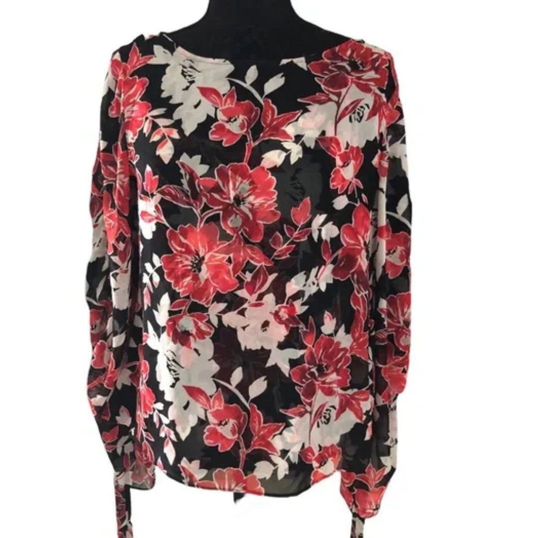 WHBM Floral 2 Layer Flowy Blouse in Black/Red/Coral/White NWT Size 14