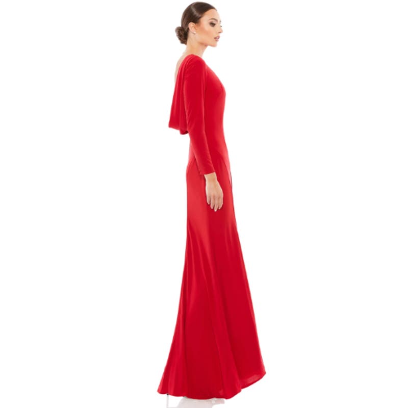 Mac Duggal Long Sleeve Cowl Back Jersey Gown in Red NWT Size 0