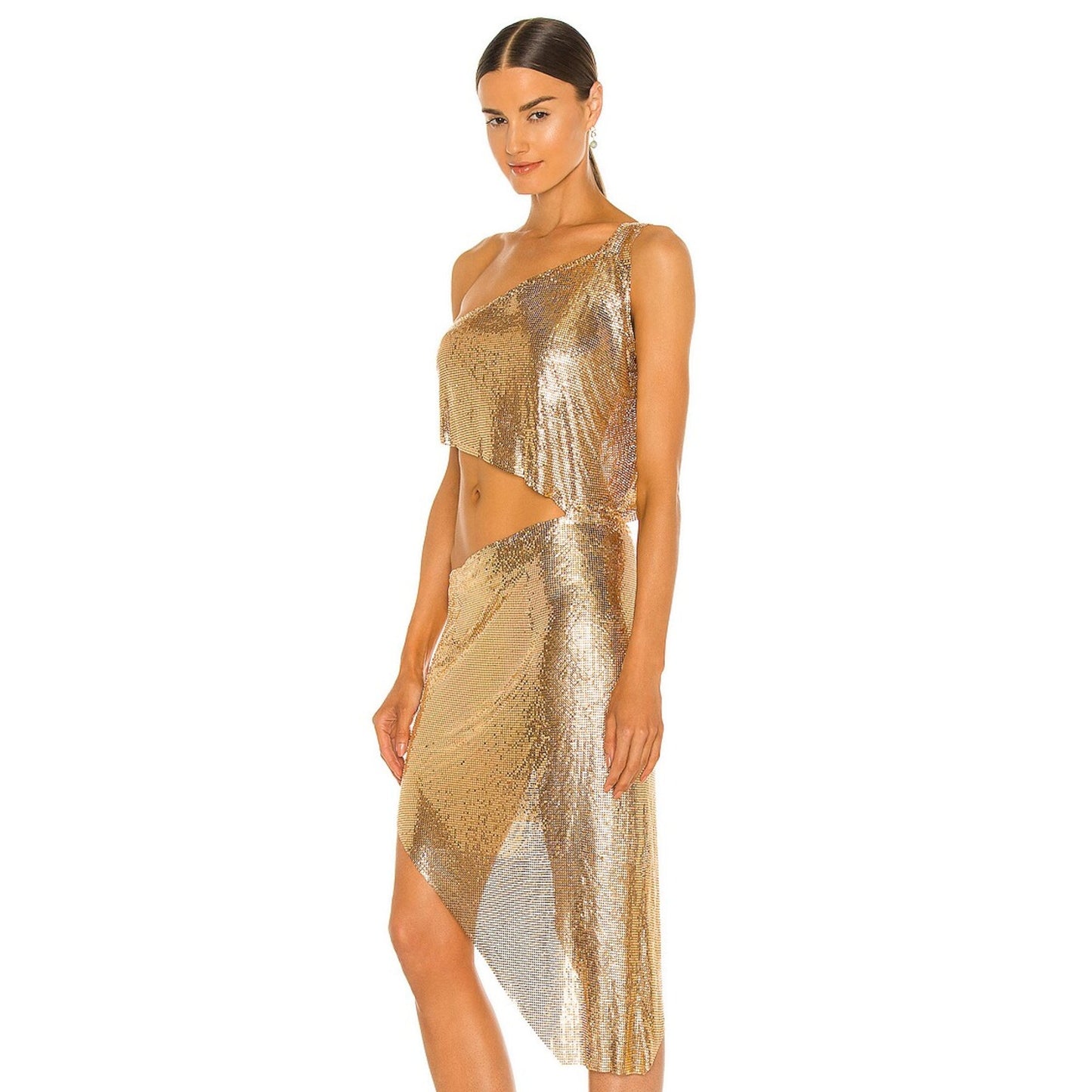 Bronx and Banco Xenia One Shoulder Dress in Metallic Gold Size Medium