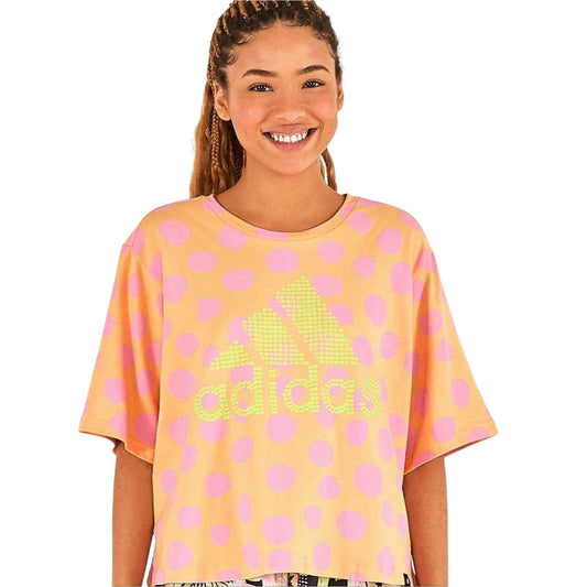 Adidas X Farm Rio Allover Print Crop Tee Orange Pink Polka Dot Neon Size Med NWT