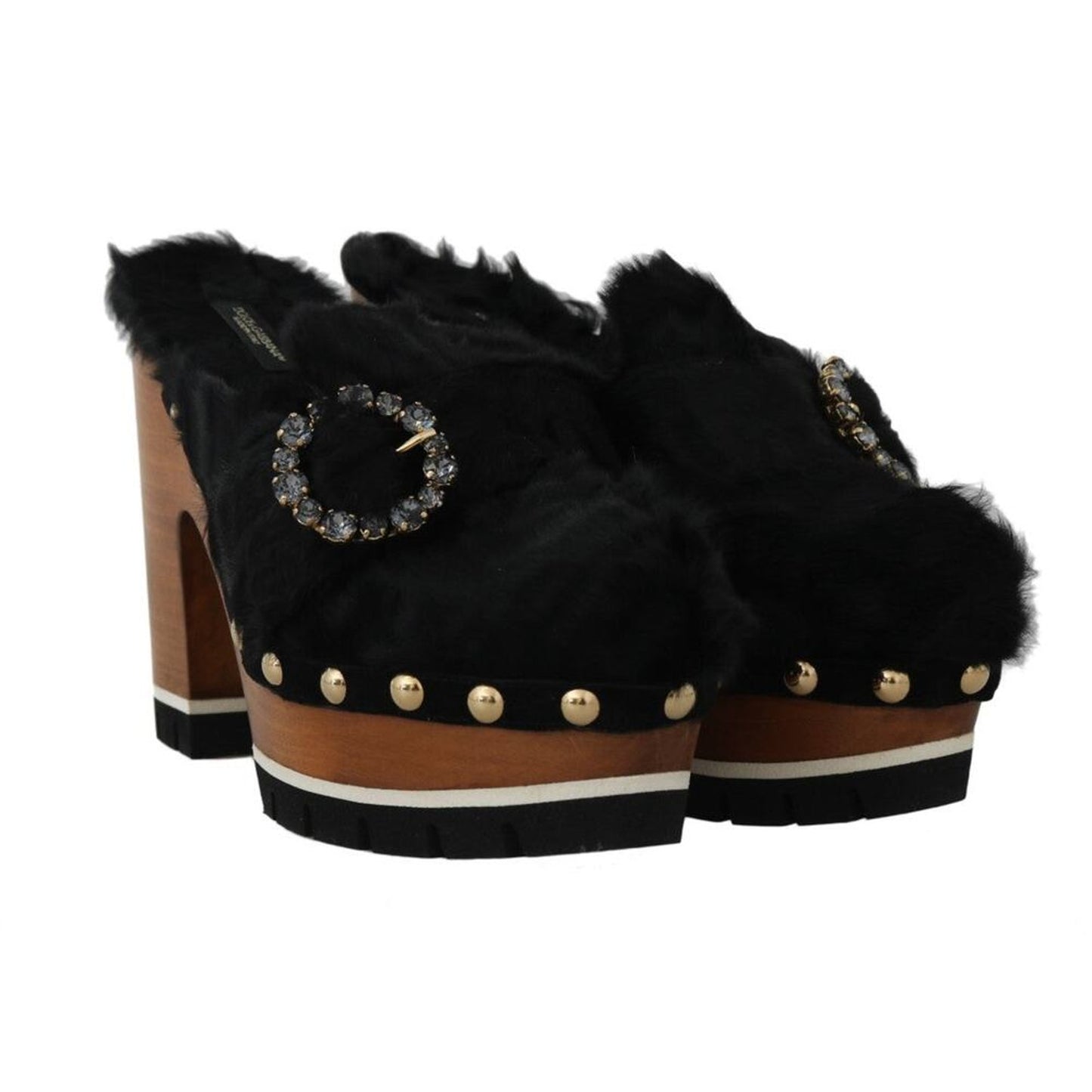 Dolce & Gabbana Black Xiangao Fur Crystal Mules EU 39 US 8.5 Black