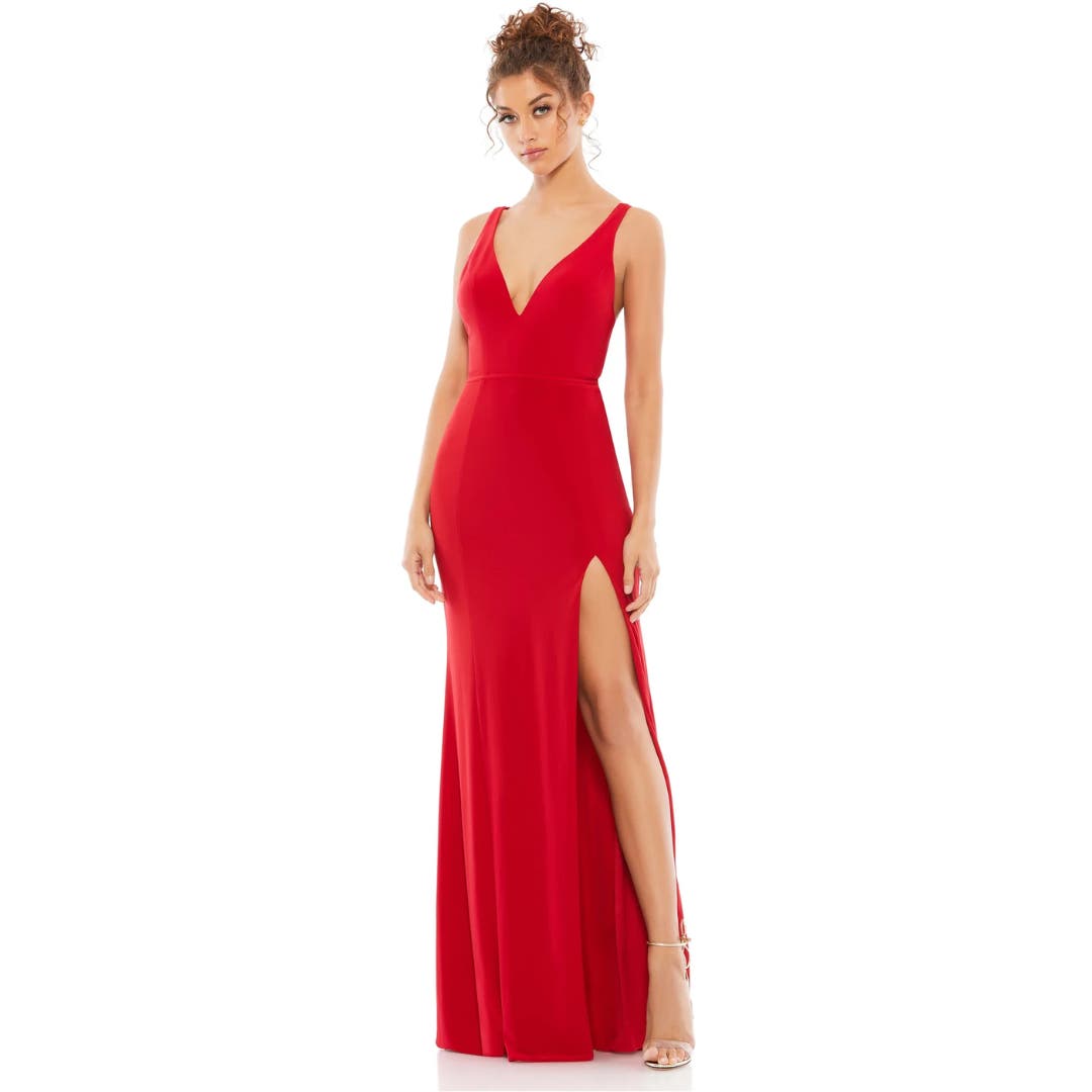 Mac Duggal Plunge Neck High Slit Gown in Red NWT Size 2