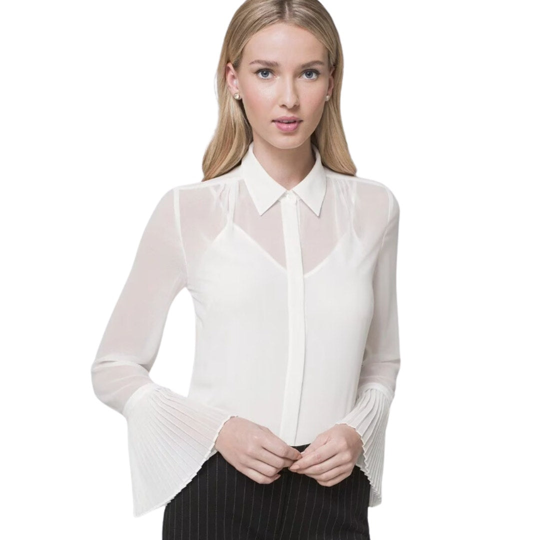 WHBM Pleat-Cuff Soft Shirt Tie Neck in White Size 10