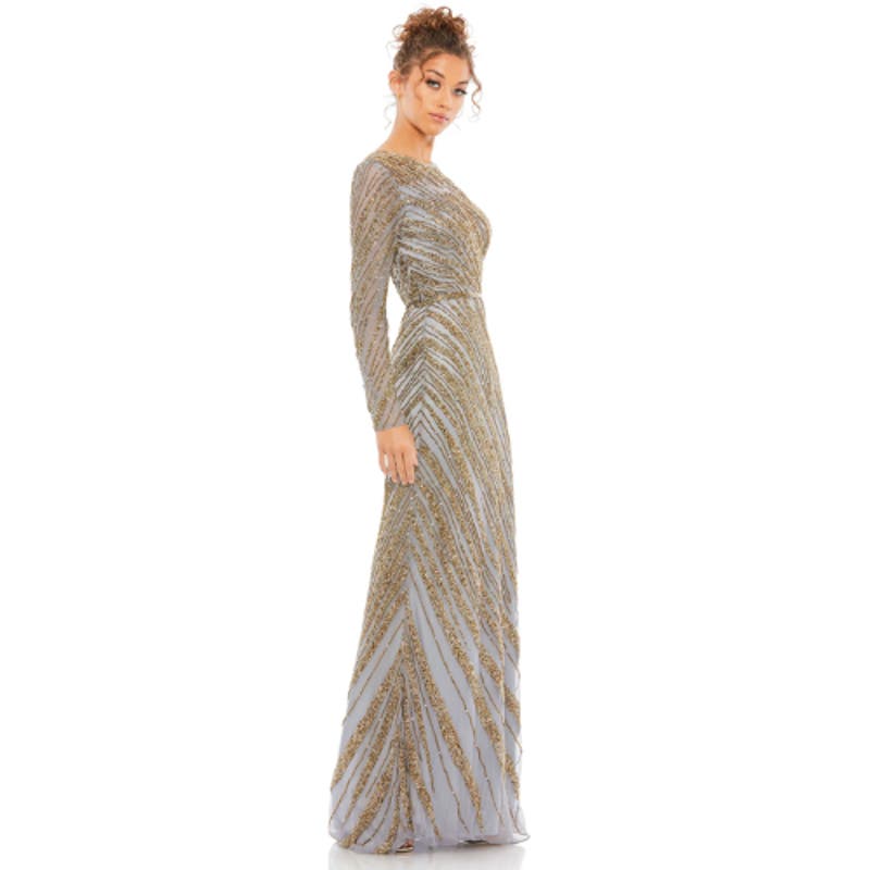 Mac Duggal Long Sleeve Beaded Column Gown in Platinum NWT Size 12
