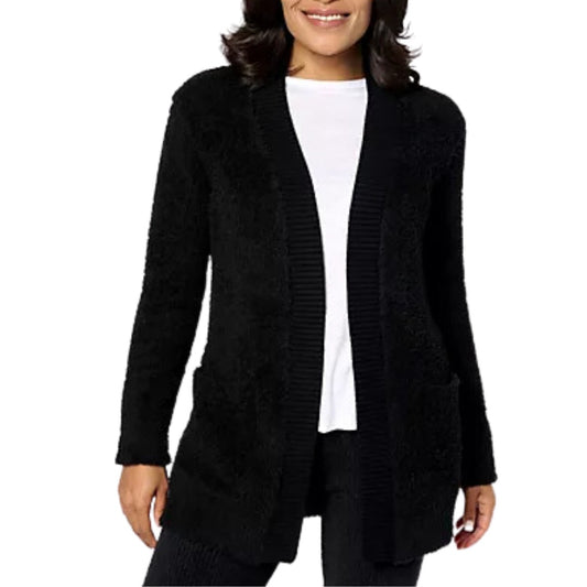 Barefoot Dreams CozyChic Ribbed Knit Trim Cardigan in Black NEW X Small