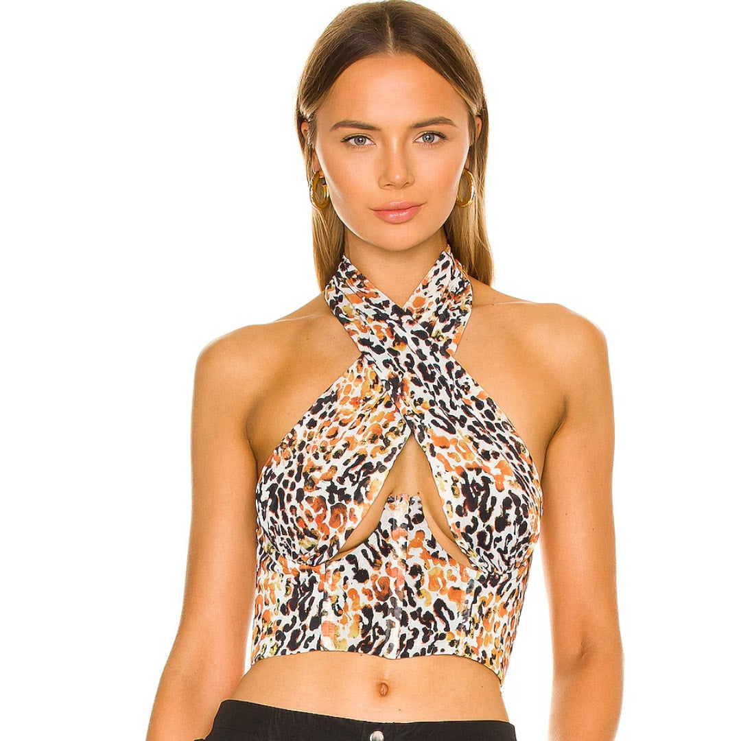 H:ours Chelsie Top in Orange/Black Leopard NWT Size Small