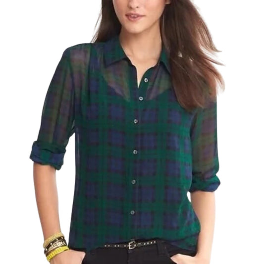 Banana Republic Sheer Plaid Green & Blue Button-Down Blouse Size XS