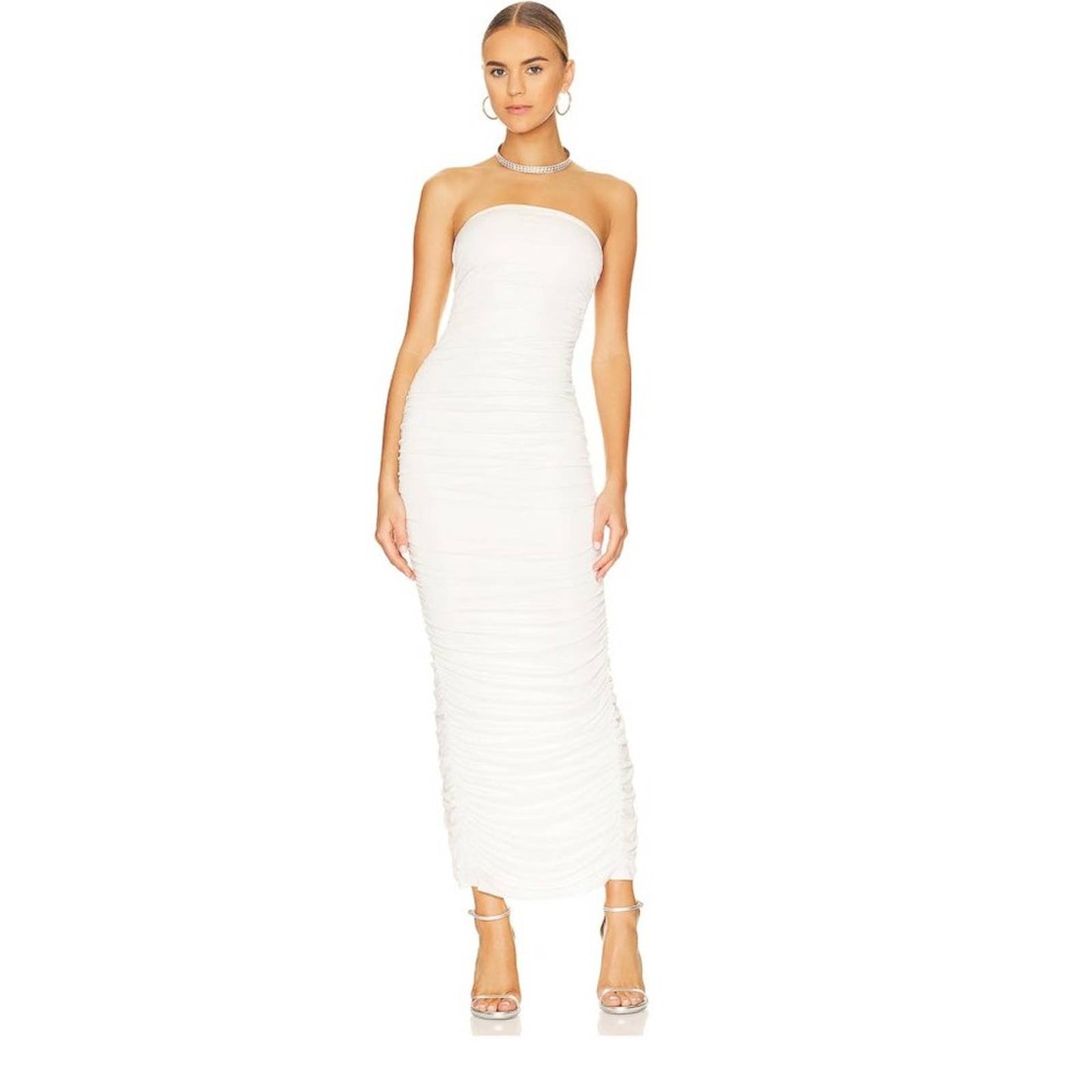 Revolve x More to Come Maddy Ruched Gown in White Iridesceent Size Small