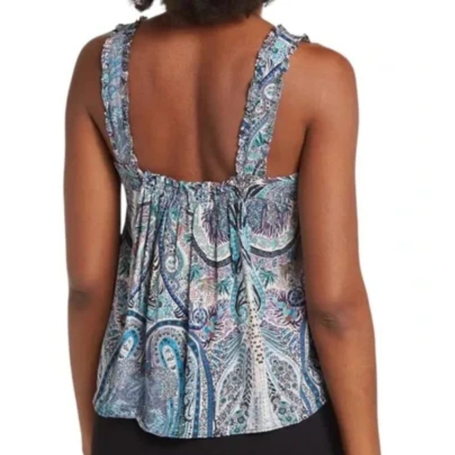 Catherine Malandrino Square Neck Ruffle Strap Tank Blue Paisley Women’s …