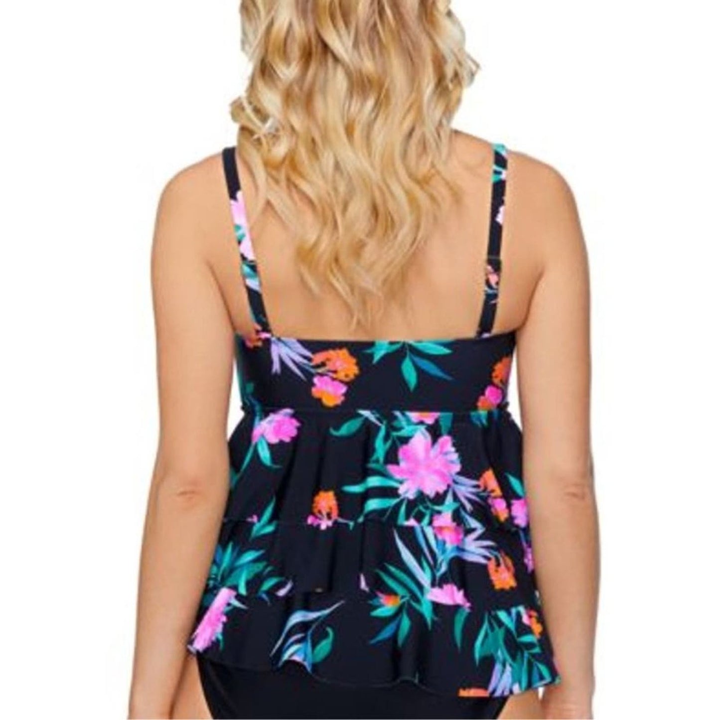 Island Escape Tiered Ruffle Tankini Bikini Top in Tropical Black Floral …