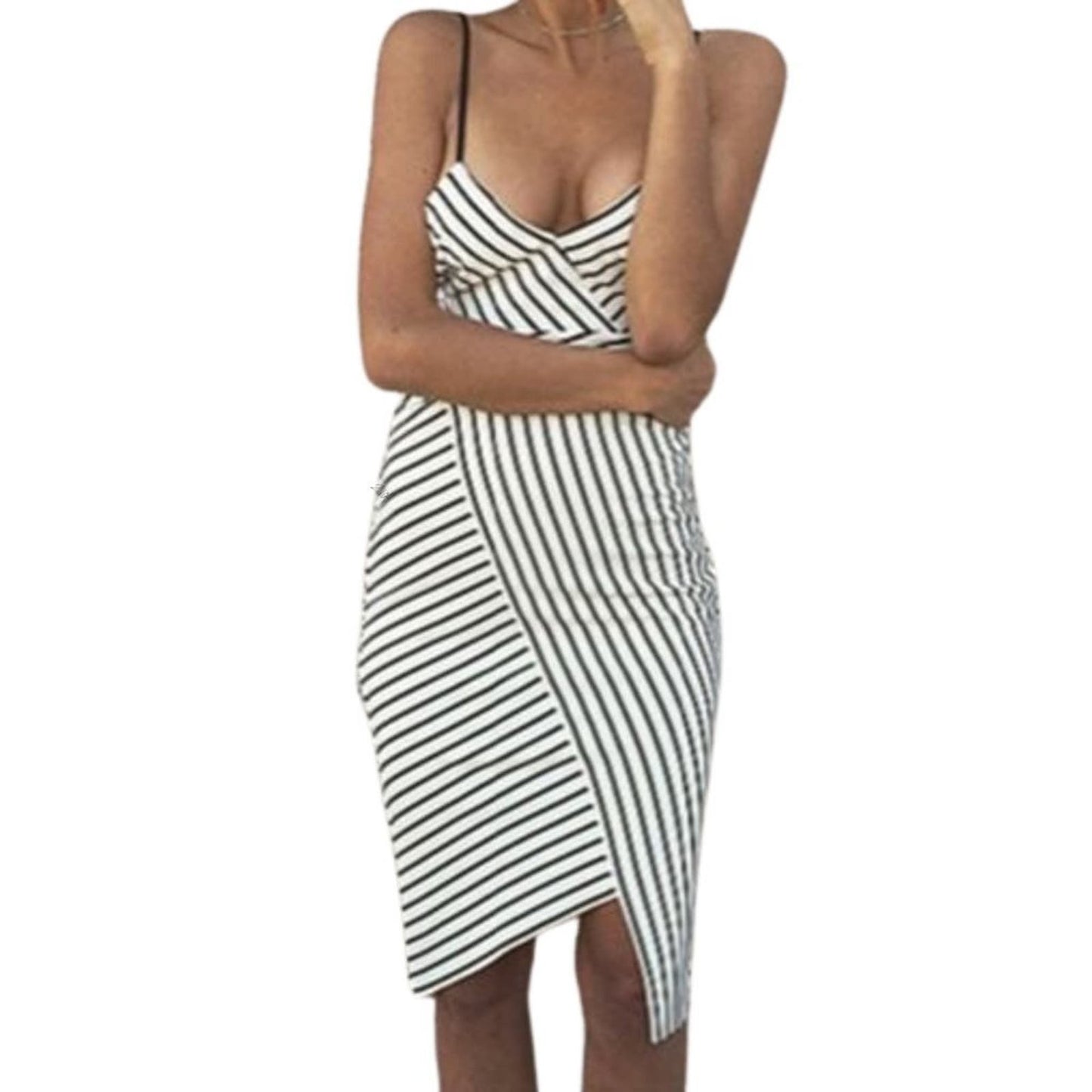 Revolve x Bardot Black and White Stripe Asymmetrical Stretch Sheath Dress Size 4