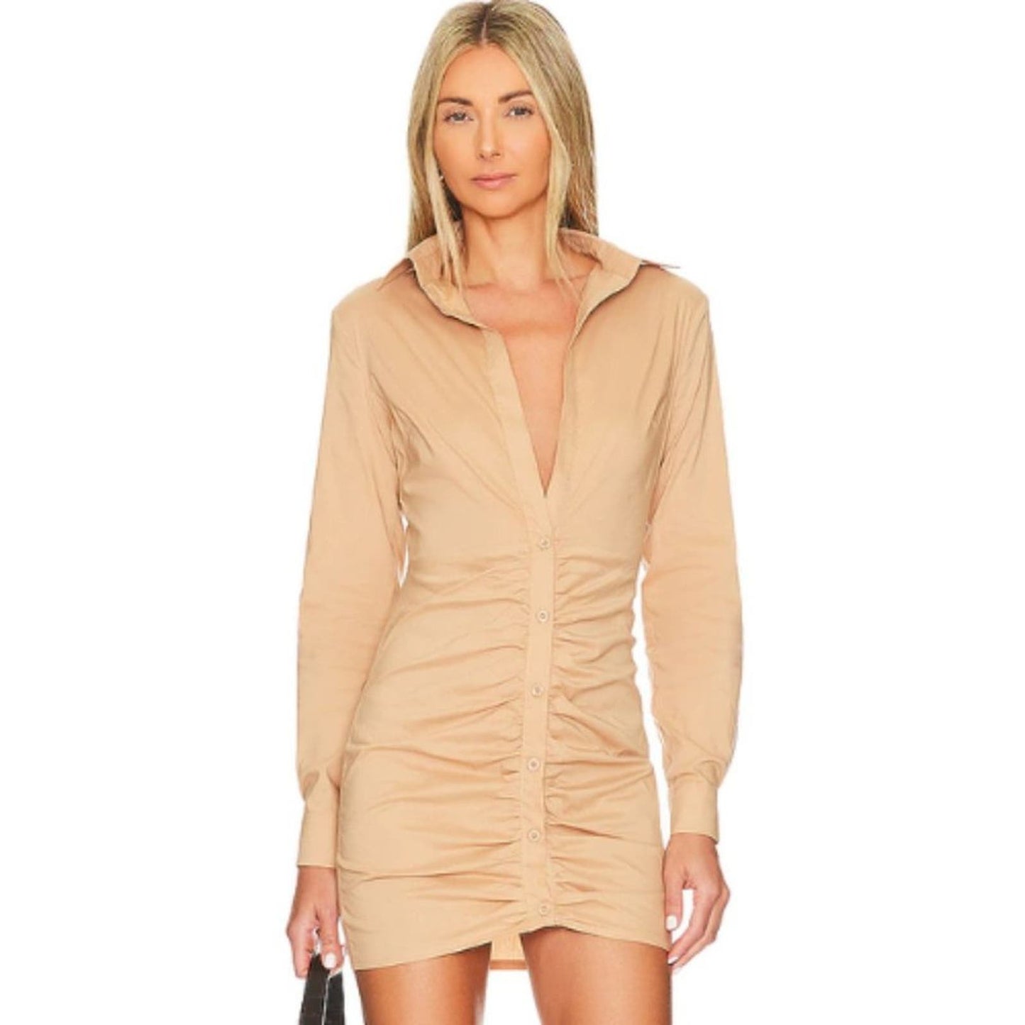 Superdown Colette Ruched Shirt Dress in Nude Tan NWT Size Small
