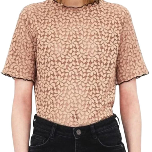 ZARA Trafaluc TRF Blouse  Rose Gold Lace Short Sleeve Top Size Small