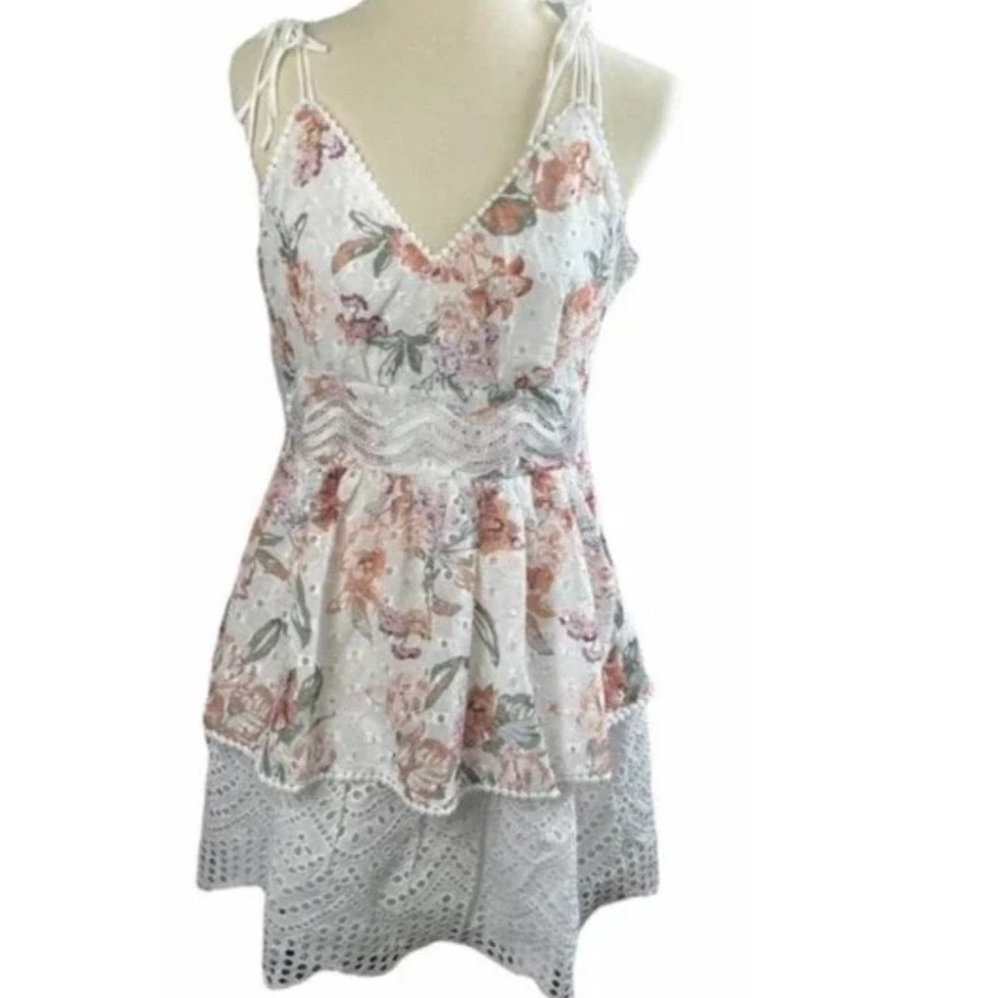 Foxiedox Floral Eyelet Lace Tie Strap Mini Layered Dress NWT Size XL