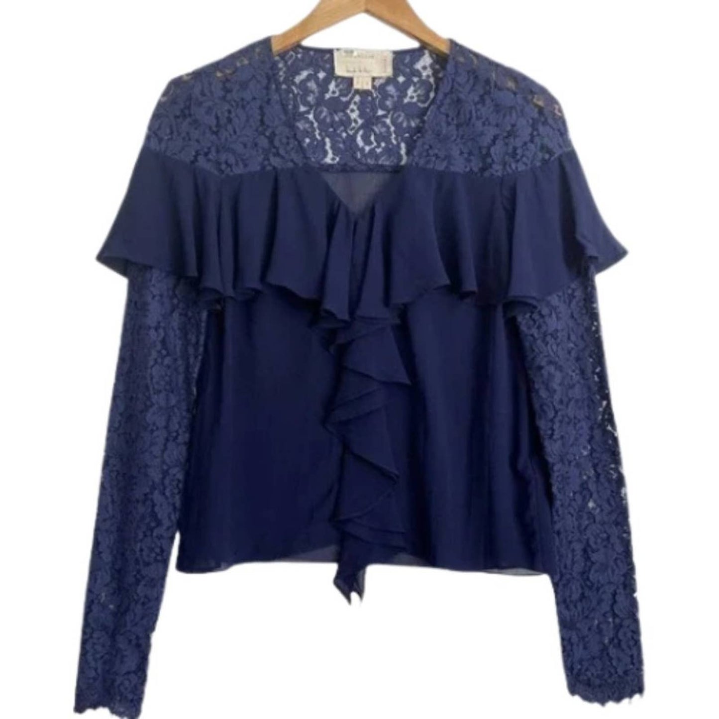 Nicole Miller Artelier Navy Blue Silk Ruffle Lace Blouse NWT Size Small