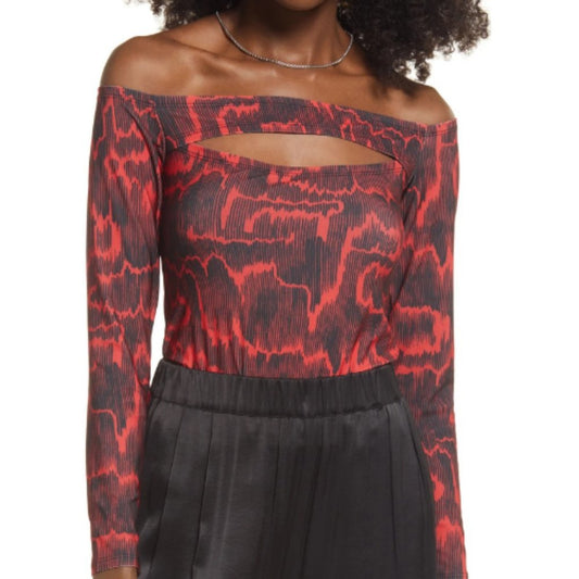 Open Edit Off the Shoulder Cutout Top in Red Bloom Animal Camouflage NWT…