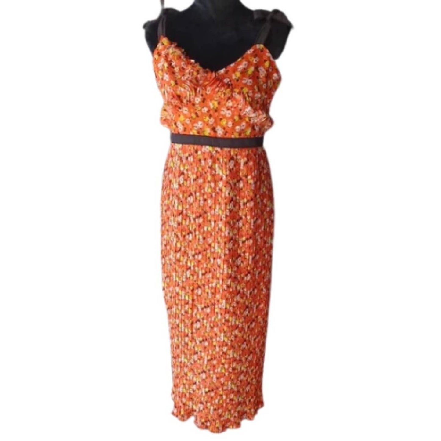 Anthropologie x FoxieDox Pleated Orange Floral Maxi Dress NWT Size Medium
