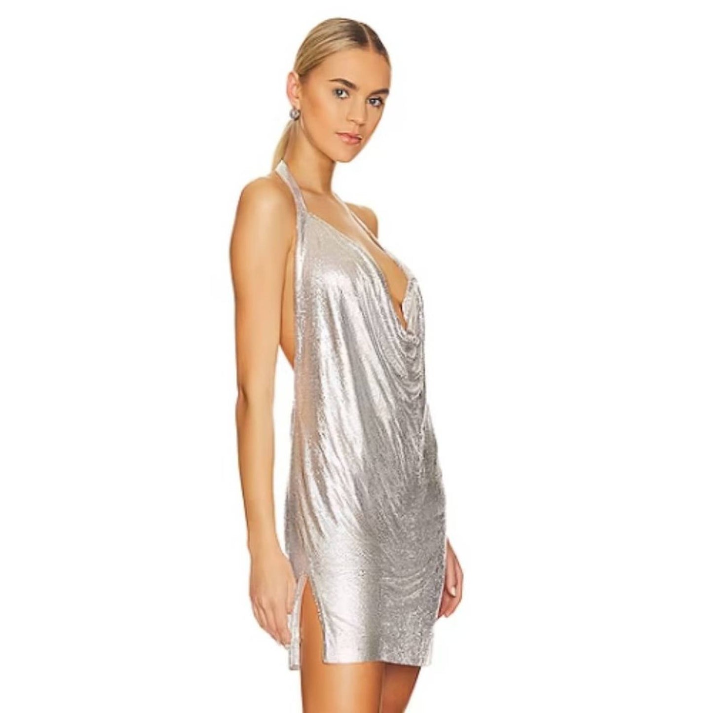 superdown Caity Drape Dress in Silver Metal NWT Size XS