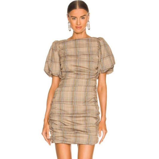 MAJORELLE Darlene Mini Dress in Tan Plaid NWT Size Small