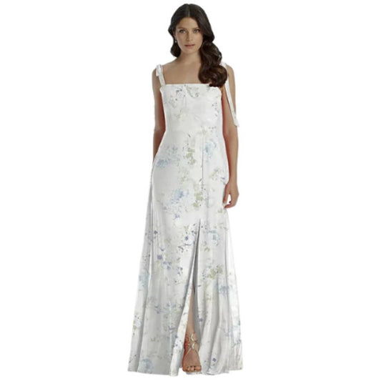 Dessy Tie Shoulder Chiffon Maxi Gown in Bleu Garden NWT Size 4