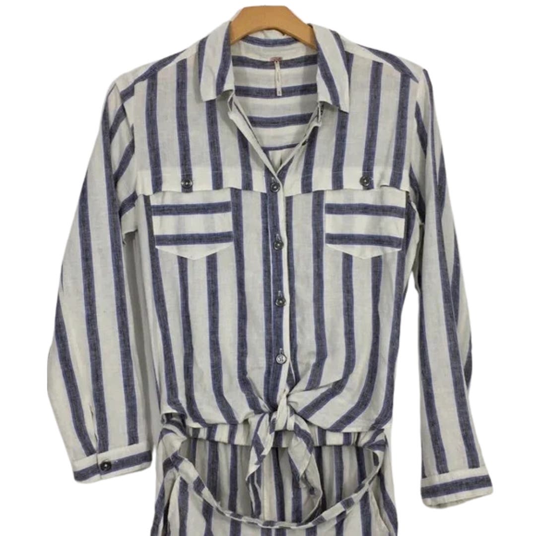 Free People Sensual Tie Front 1 Piece Jumpsuit in Blue & White Stripe XS