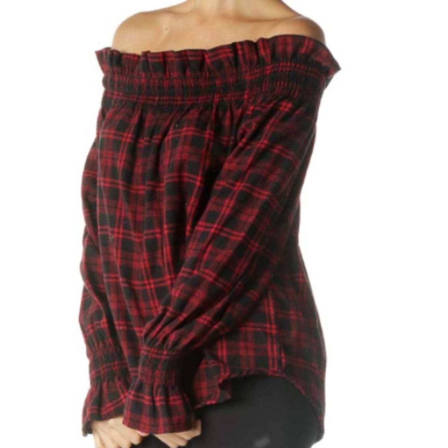 Vintage Havana Red & Black Plaid Off Shoulder Blouse NWT Size Small