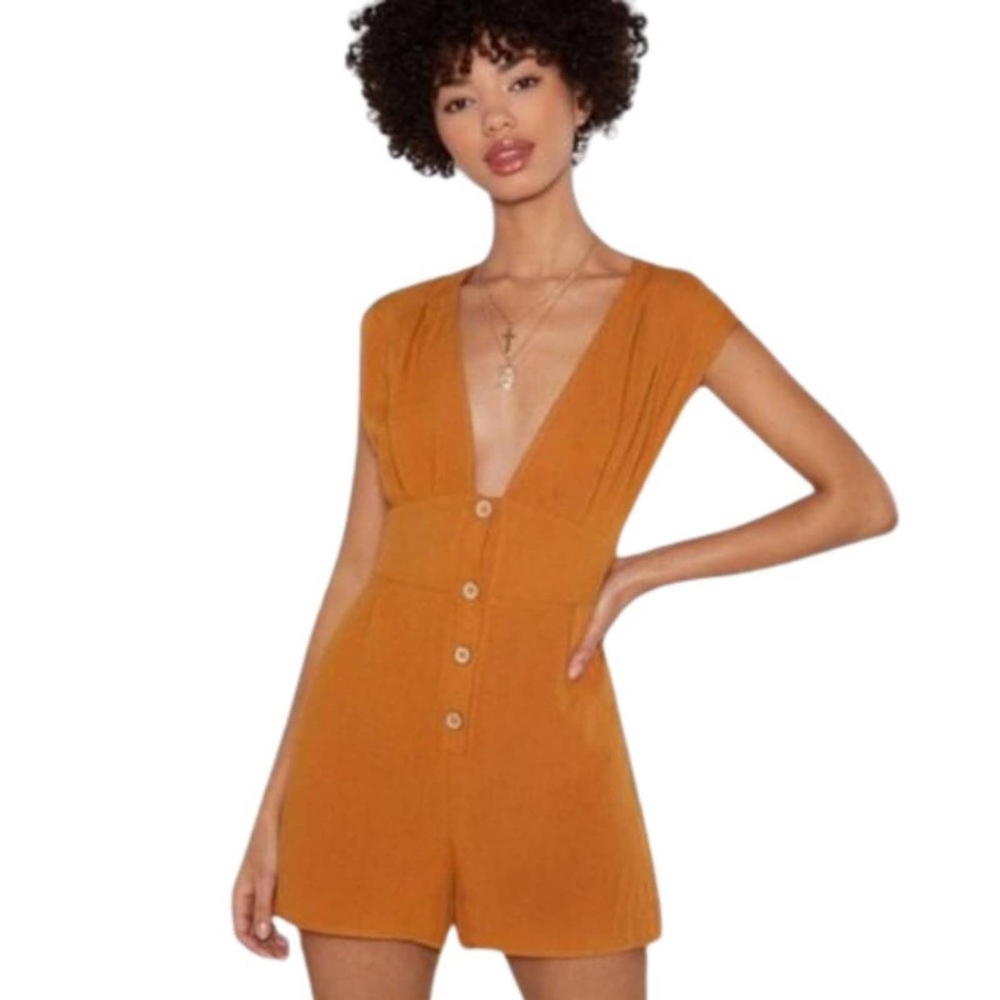 Nasty Gal Chic Linen Plunging Button-Down Romper - NWT - Size 10