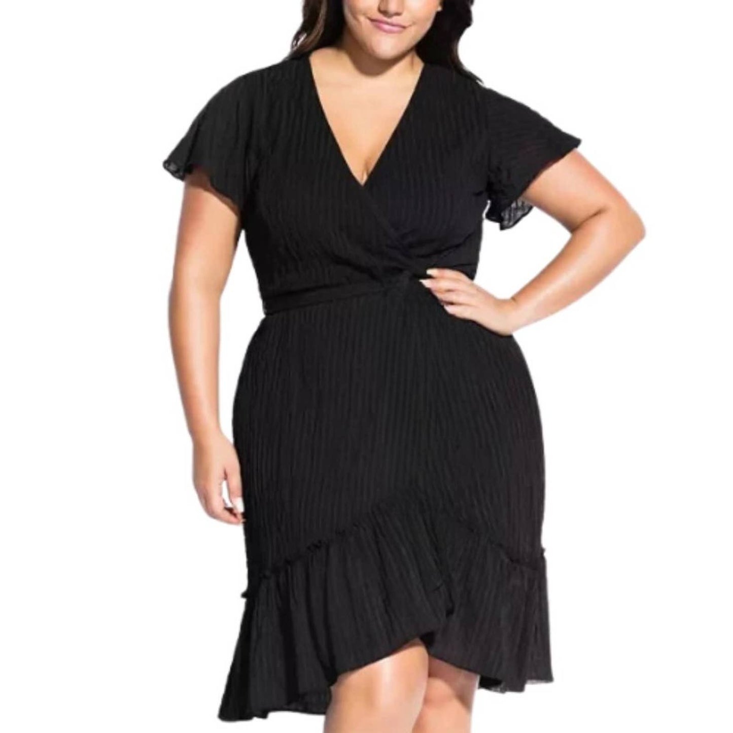 City Chic Women's Trendy Plus Size Striped Faux-Wrap Fit & Flare Dress Black XXL